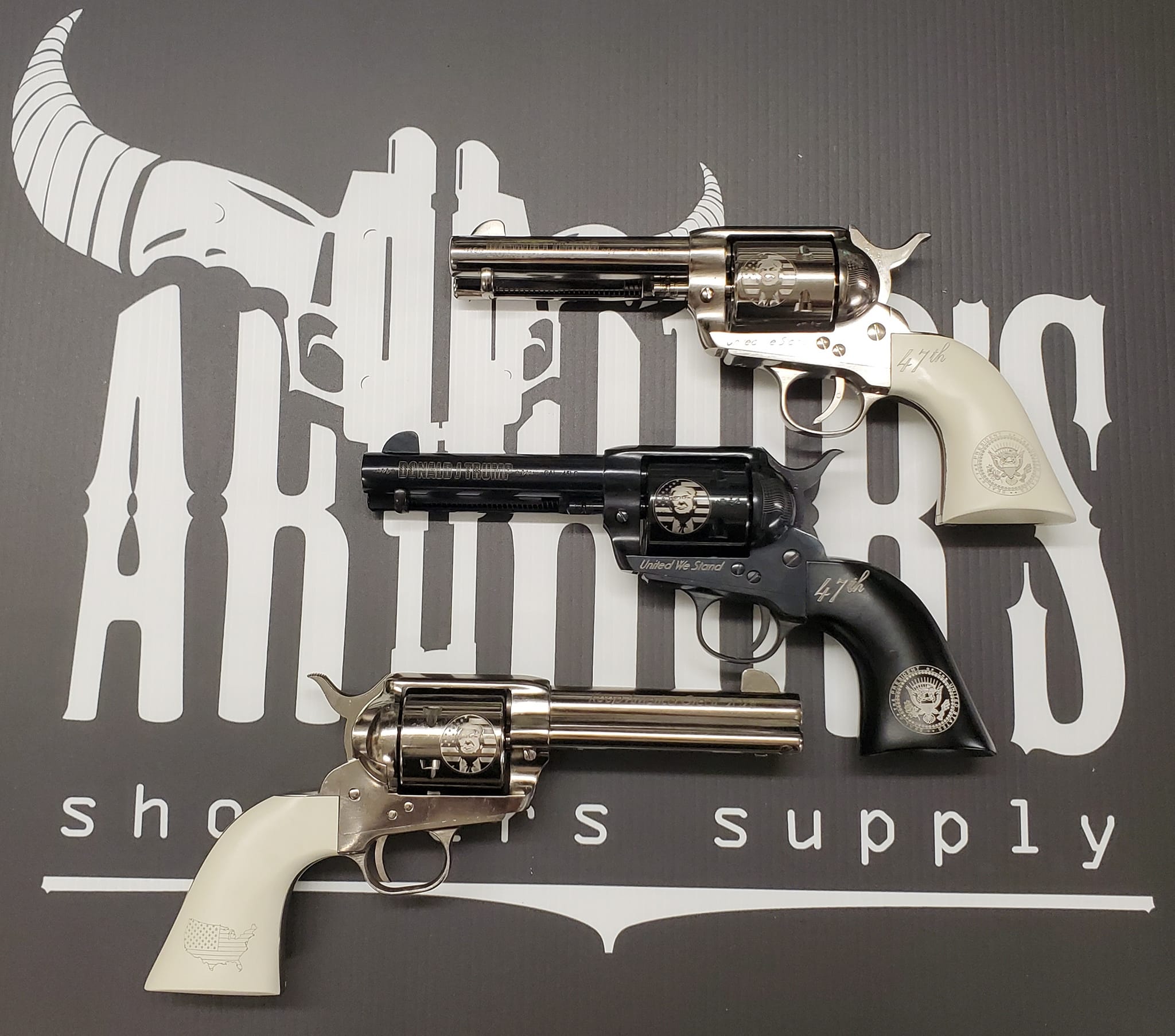 IN STOCK- We just received 3 fine Italian Made Trump Revolvers, commemorating his 47th presidential win. These Trump Commie killers are in .357 Magmum and .45 Colt!